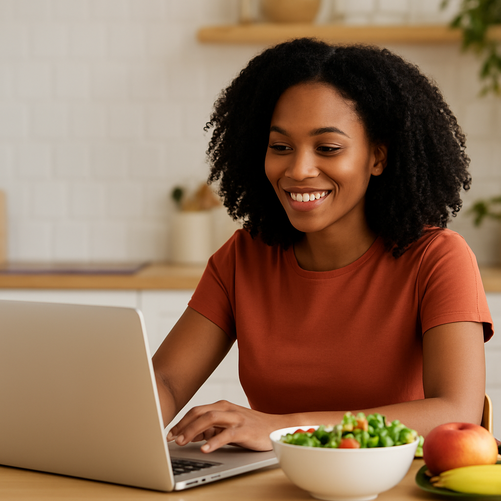 Busy woman eating a healthy meal at her desk - best weight loss tips for busy women